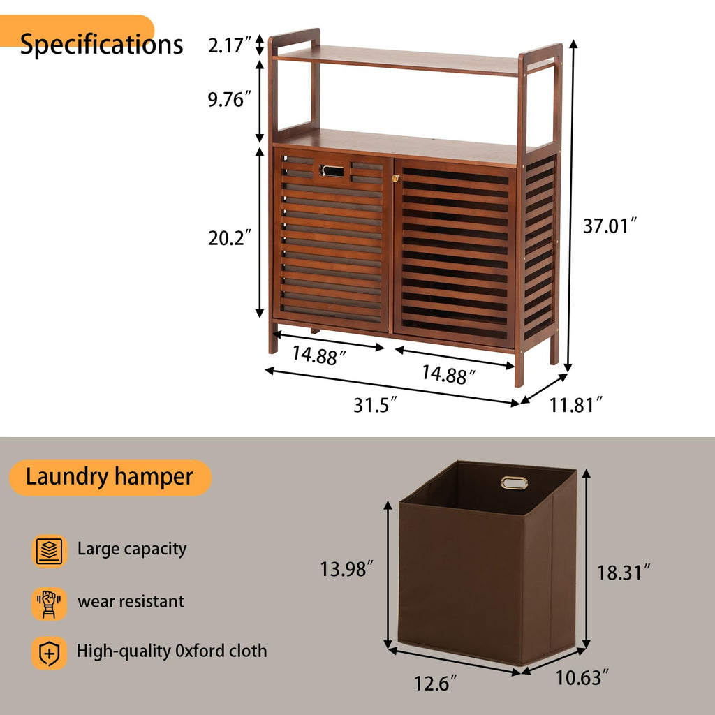 Tilt Out Laundry Hamper, Bamboo Double Laundry Hamper with Shelf