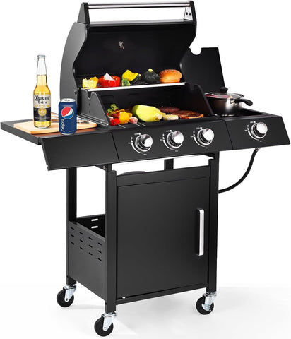 3-Burner Propane Gas Grill with Side Burner, 36,000 BTU Outdoor BBQ Grill with Lid Cover, 241 Sq. In. Cooking Area