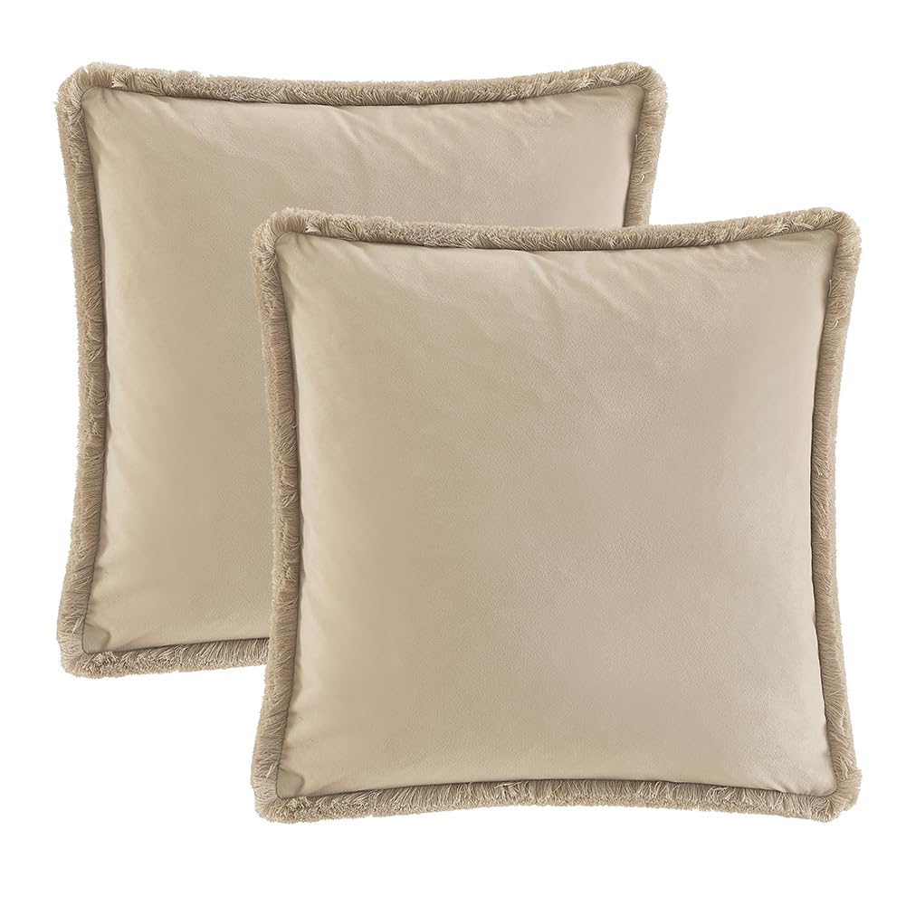 Champagne Decorative Velvet Fringe Throw Pillow Covers 22x22 Set of 2 Boho Soft Cushion Case Decor Living Room Couch