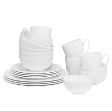 Bone China Dinnerware, 20PC Set, Service for 4, White Embossed, stripe, Microwave Safe, Translucent, Elegant
