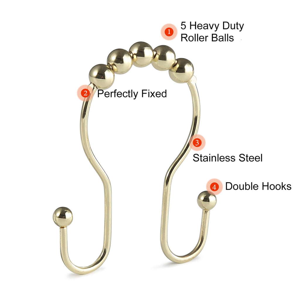 Shower Curtain Hooks, 12 Pcs Shower Curtain Rings, Stainless Steel Gold Shower Curtain Hooks, Rust Proof Shower