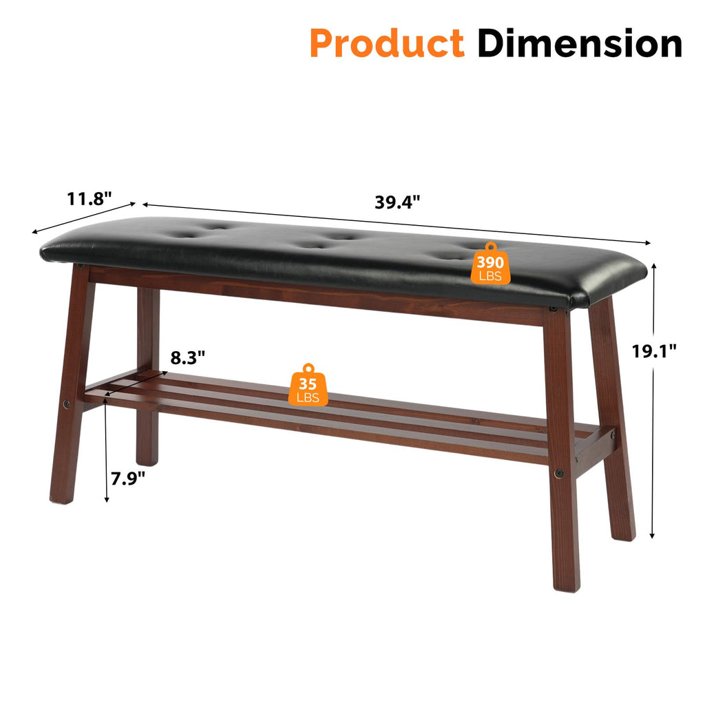 Padded Solid Wood Dining Table Bench with Shoe Rack Storage Walnut
