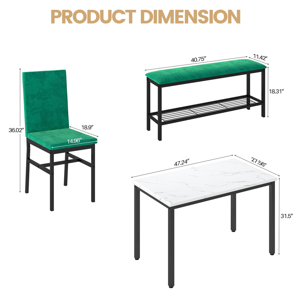 Dining Table Set for 4, Faux Marble Kitchen Table, Kitchen Table Chairs Set with Velvet Chairs, Bench with Storage Net