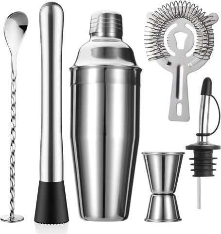 6-Piece Cocktail Shaker Set 24oz Shaker Strainer Muddler Jigger Mixing Spoon Pour Spout Bartender Kit Stainless Steel
