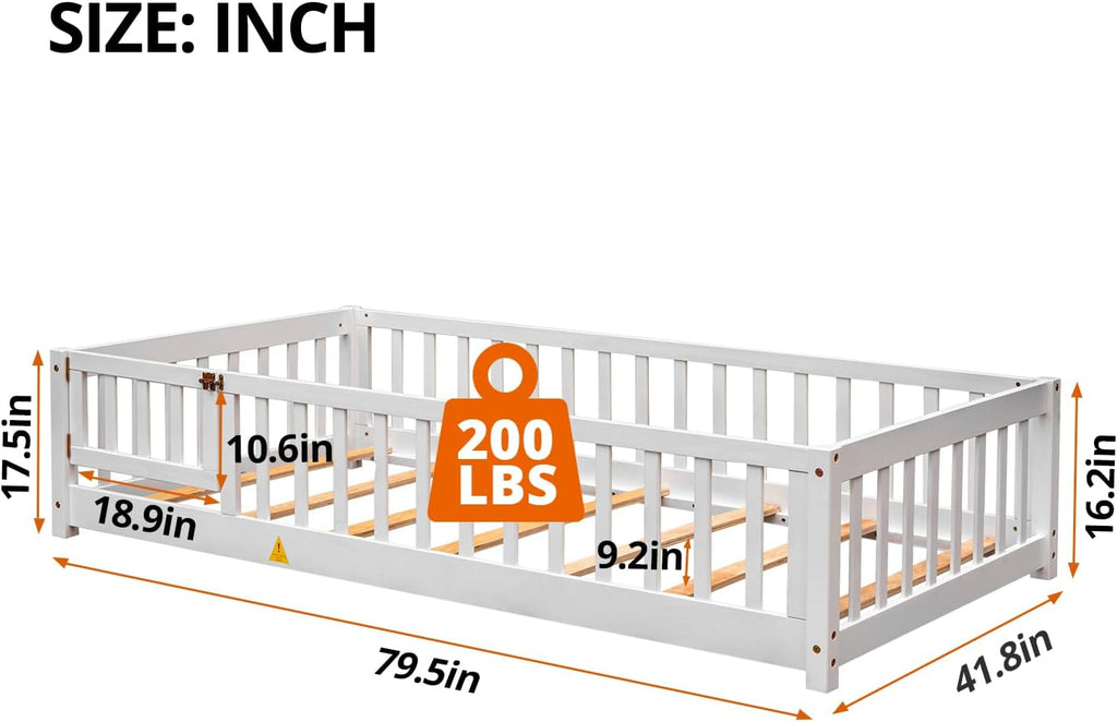 Twin Floor Bed, Durable Montessori Floor Bed with Wood Slats, Safety Fence & Small Door, Wood Floor Bed Frame for
