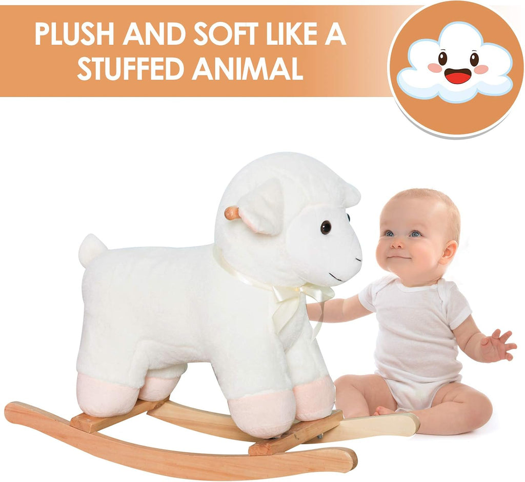 Lamb Rocking Horse Sheep Stuffed Animal Ride On Rocker for Kids White