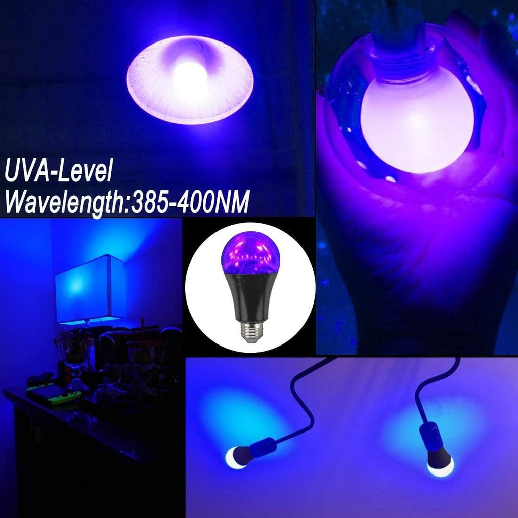 Black Light Bulbs 9W 8 Pack A19 E26 LED Blacklight Bulb 385-400nm UVA Black Lights for Blacklight, Glow in The Dark
