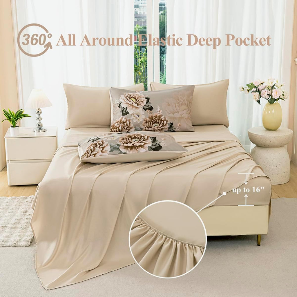 Comforter Set Full Khaki Floral Bedding Set 7 Pieces Flower Bed Set with Sheets Reversible Large Peony Printed On