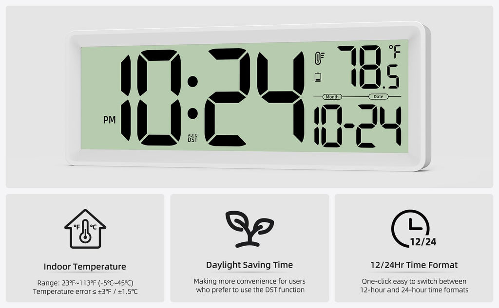14′′ Large Digital Wall Clock Battery-Operated with Temperature, Date, DST | Big Digital Clock, farmhouse, bedroom