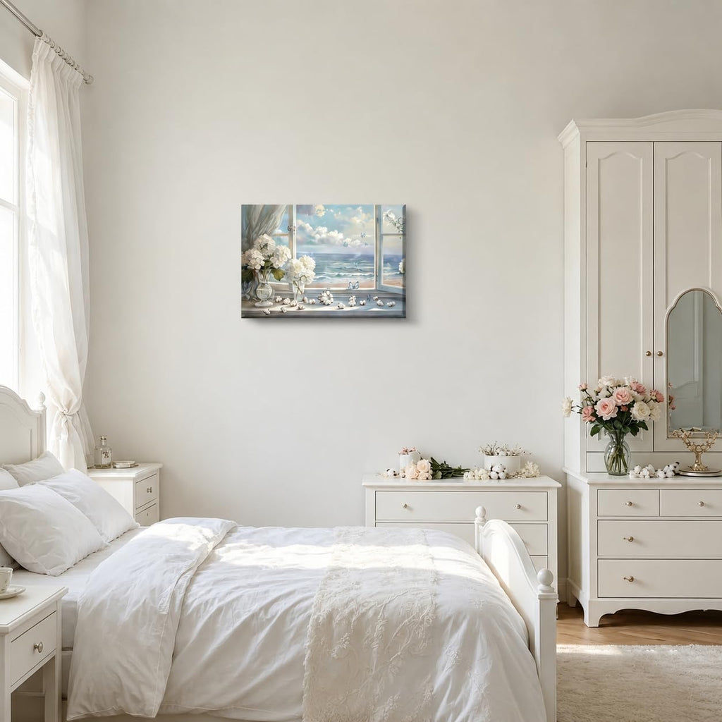 White Hydrangea & Coastal Window View Wall Art - Serene Ocean Landscape Canvas Print Decor