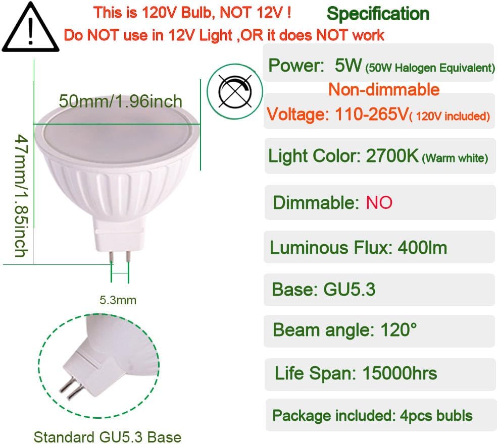 120V Non-dimmable GU5.3 Bulb 5w 2700K Soft White mr16 led spot Light Equivalent to 40w 50w Halogen Bulb for Recessed