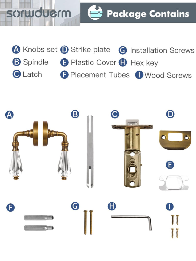 1 Pack Antique Brass Glass Door Lever Privacy Crystal Door Levers Door Lever Interior Door Handle ,Zinc Alloy