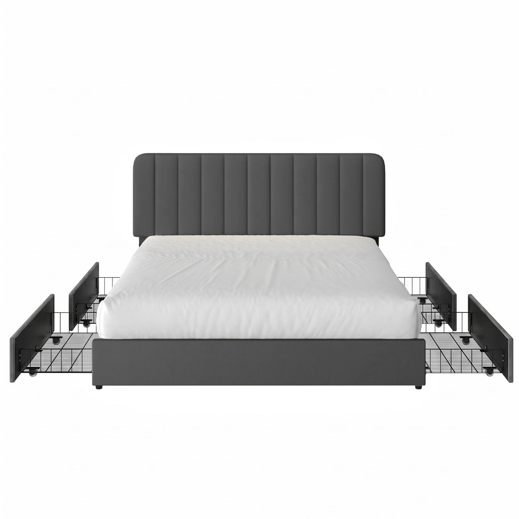 Queen Size Upholstered Bed Frame with 4 Drawers and Headboard, Velvet Platform Storage Bedframe, Wooden Slats