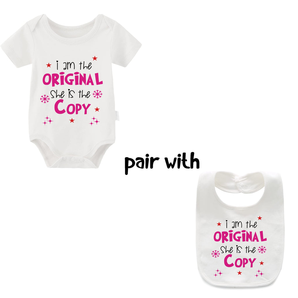 Baby Twins Bodysuits She Is The Copy I Am The Original Infant Baby Clothes Twin Outfits With Bibs(white copy )