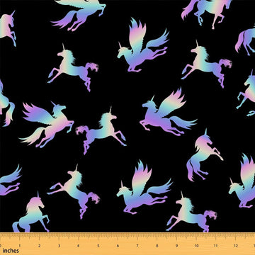 Rainbow Unicorn Fabric by The Yard, Dreamy Cartoon Horse Polyester Fabric DIY Project, Watercolor Unicorn Black Print