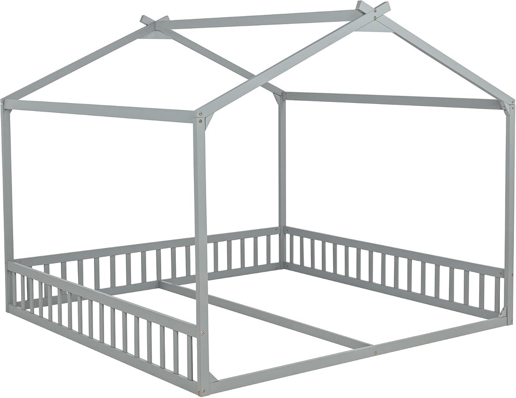 Double Tw Floor Bed for 2 Kids with Guardrails, Grey