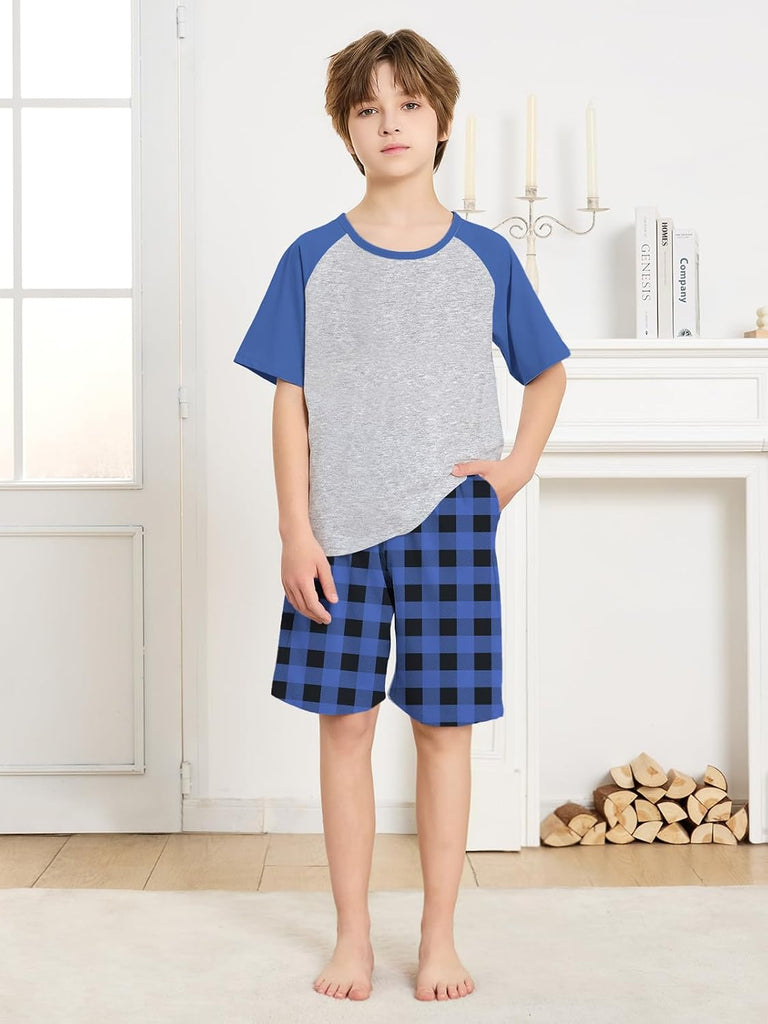 Boys Pajamas Set Two Piece Cotton Sleepwear Kids Short Sleeve Top and Shorts PJS Set with Pockets