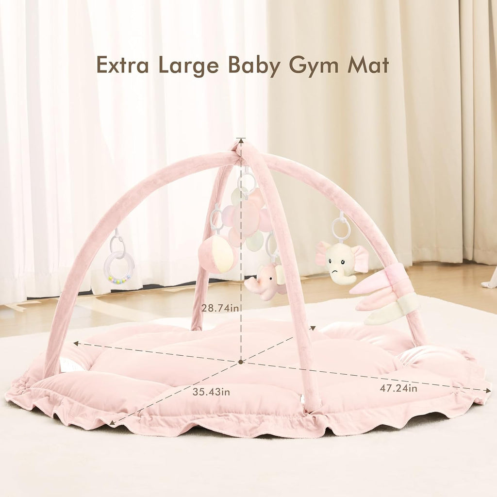 5 in 1 Baby Play Gym Mat, Reversible Tummy Time Mat with 5 Sensory Toys for Stage-Based Developmental, Thick & Large
