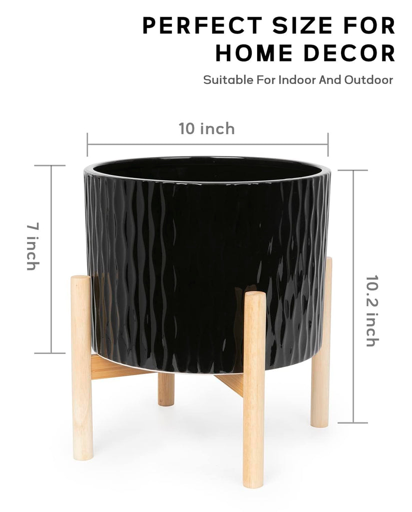 Ceramic Plant Pot with Stand, 10 Inch Planter with Wood Shelf, Modern Round Flower Pots Indoor with Wood Planter