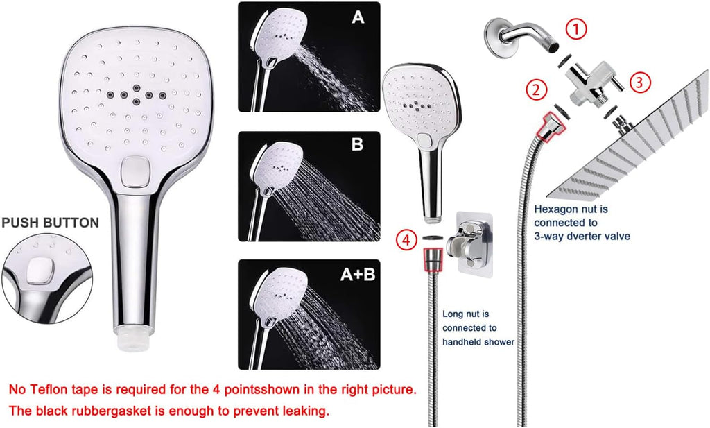 Shower Head with Hose, High Pressure Stainless Steel Rain Shower and 3 Settings Handheld Spray Combo with Push Button