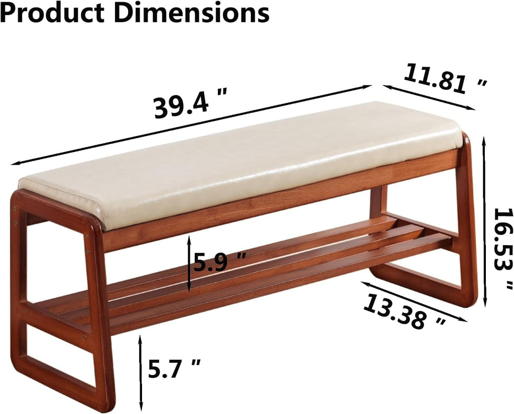 2-Tier Solid Wood Shoe Rack Bench, Beige, 39.4inches