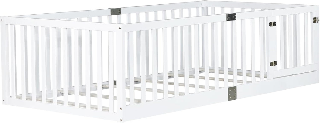 Twin Size Floor Bed with Slats and Door, Twin Size Montessori Floor Bed with High Fence, Low Profile Montessori Beds