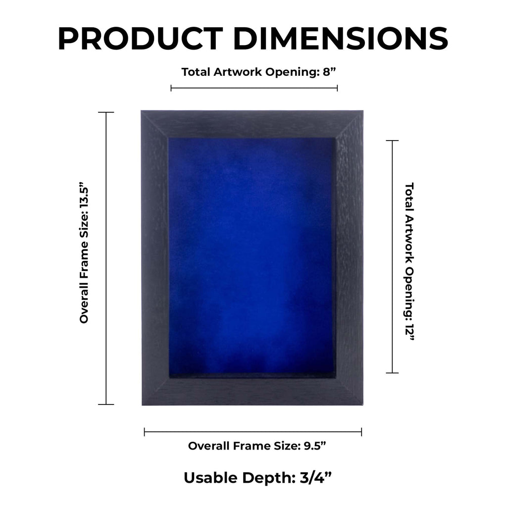 8x12 Shadow Box Frame Textured Black Wood | with a 3/4" Usable Display Depth | Includes a Royal Blue Real Suede
