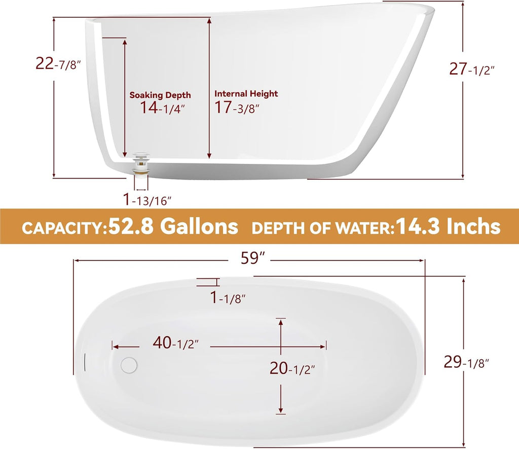 59" Free Standing Tub, Pure Acrylic Freestanding Bathtub, Stylish Stand Alone Contemporary Deep Soaking Bath Tub