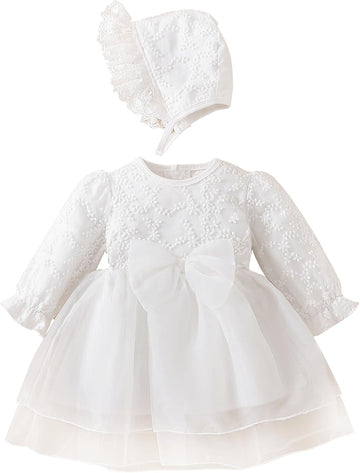 Newborn Baby Girl Christening Dress White Baptism Lace Short Sleeve Fall Wedding Dresses with Bonnet Outfit