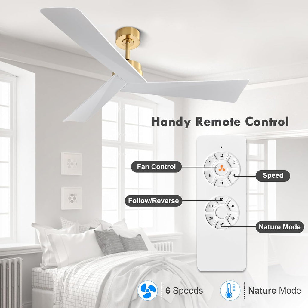 Inspired Adler Style 52" DC Ceiling Fan Without Light, 3 Sculpted ABS Blades, 6-Speed Remote - Brass and White