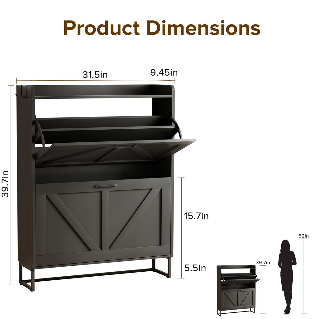 Shoe Cabinet with 2 Flip Drawers, Slim Shoe Storage