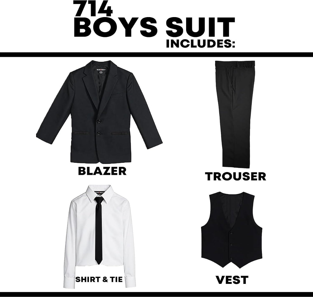 Boys Five Piece Modern Slim Fit Suits Set Shirt Blazer Vest Pants and Tie. Ring Bearer Outfit