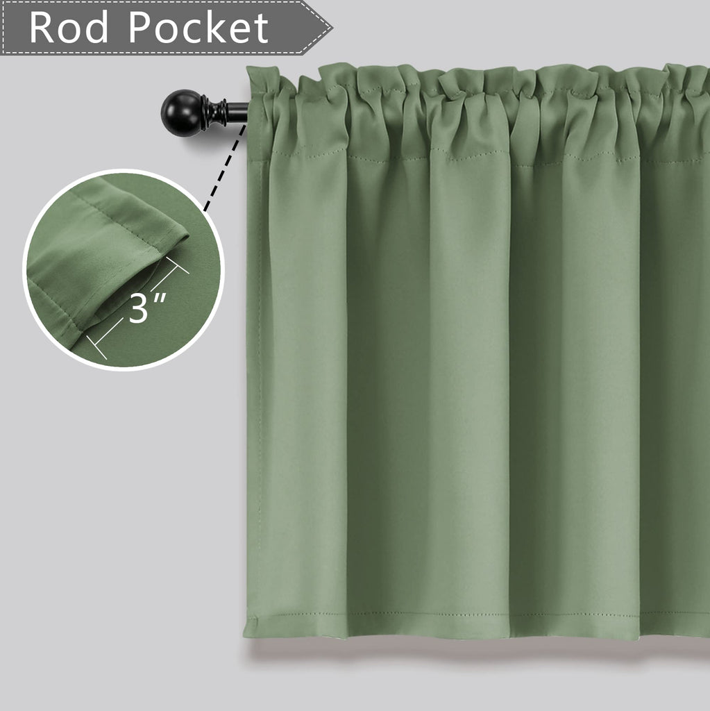 Sage Green Valances for Windows, 2 Pack 16 Inch Rod Pocket Blackout Valance Curtains Bedroom Bathroom Window