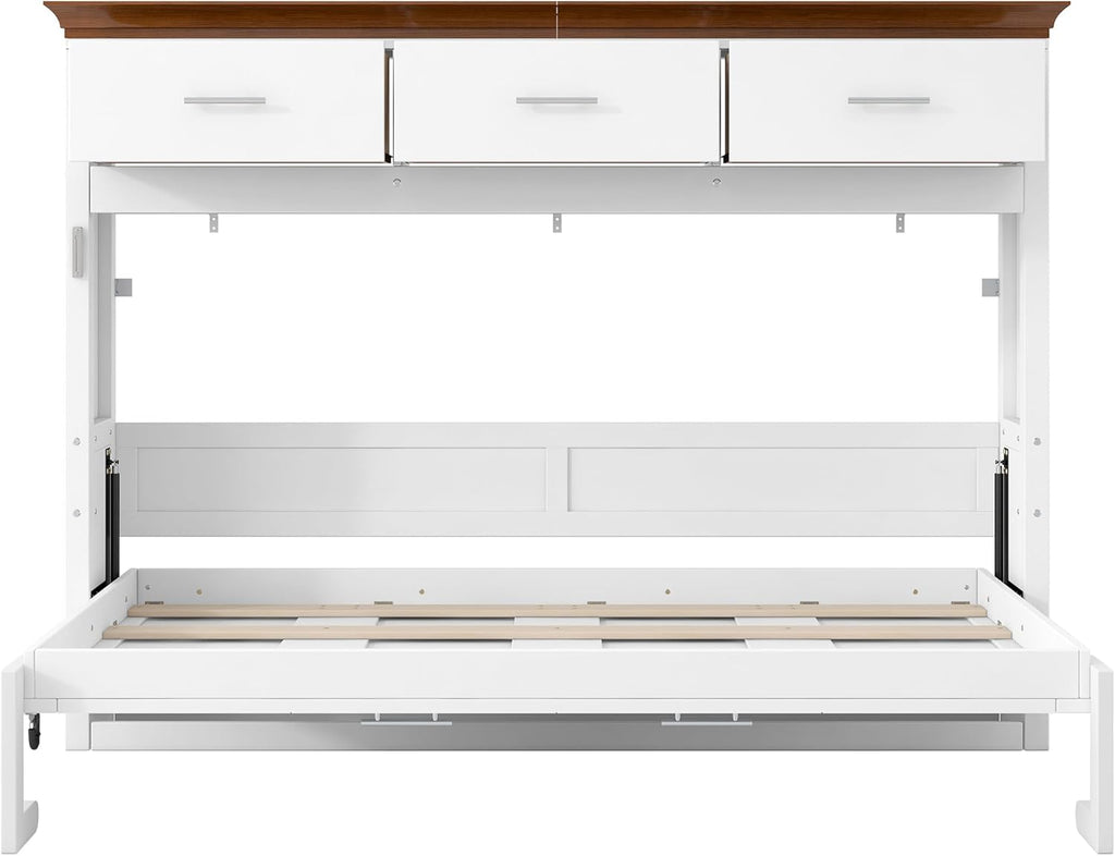 Twin Murphy Bed, Wood Wall Bed Frame with 3 Storage Drawers, Folding Cabinet Bed Frame for Home Office, Guest Room