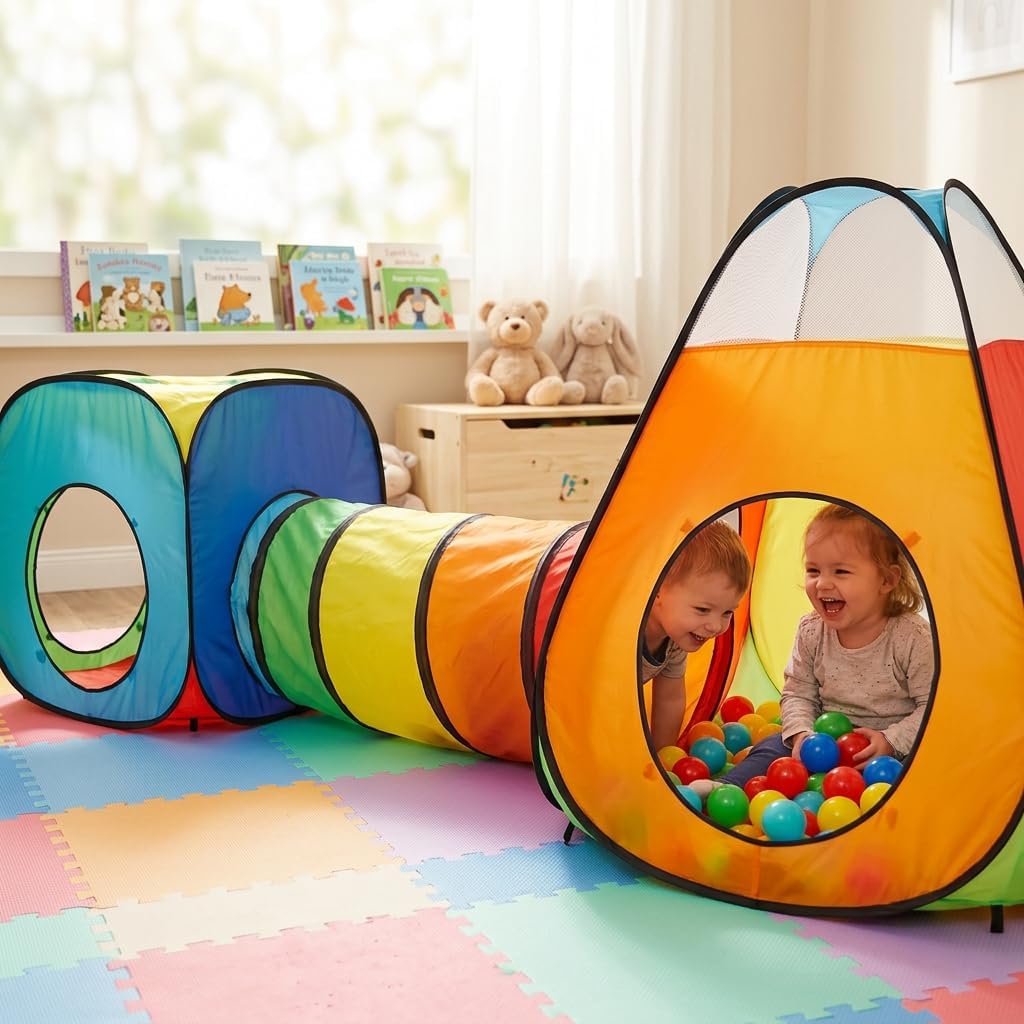3pc Pop Up Children Play Tent : 1 Crawl Tunnel + 2 Tents : Kids Tents for Boys, Girls, Babies & Toddlers for Indoor &