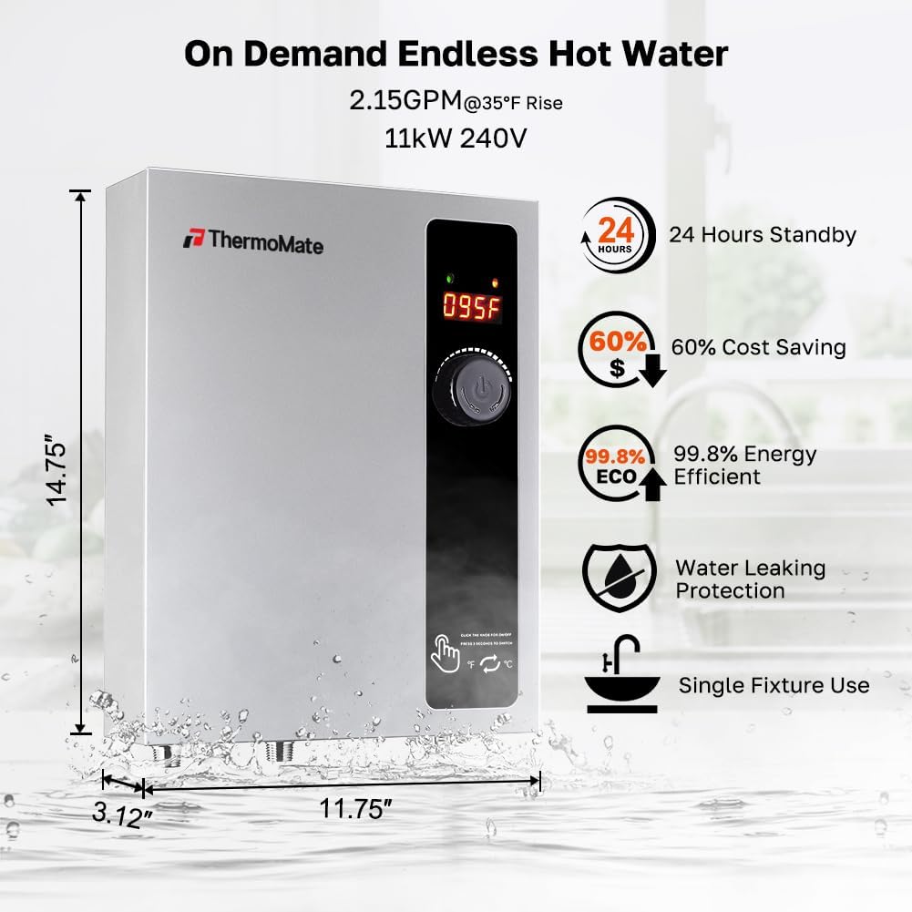 Electric Tankless Water Heater, 11kW 208~240 Volt, On Demand Instant Hot Water Heater, Self Modulating Energy Saving