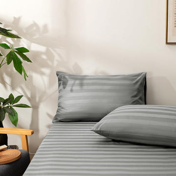 Full Cotton Stripe Fitted Sheet & Pillowcase Set, Gray, 3 Piece
