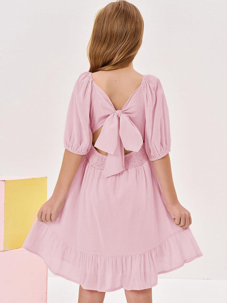 Girls Summer Dresses Square Neck Tie Backless Dress