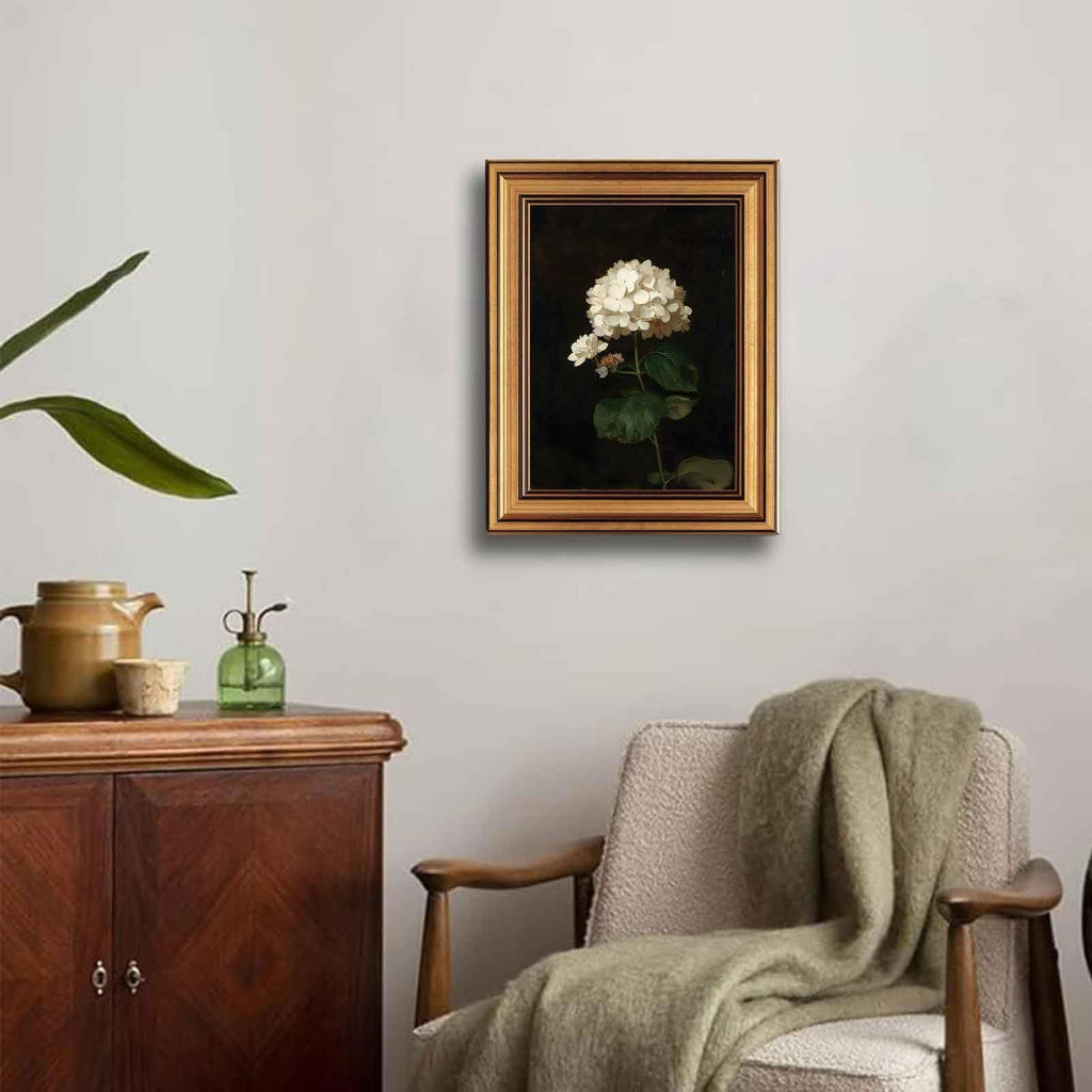 Gold Framed Moody Flower Canvas Wall Art White Hydrangea Living Kitchen painting Decor Pictures Bedroom Vintage Plant