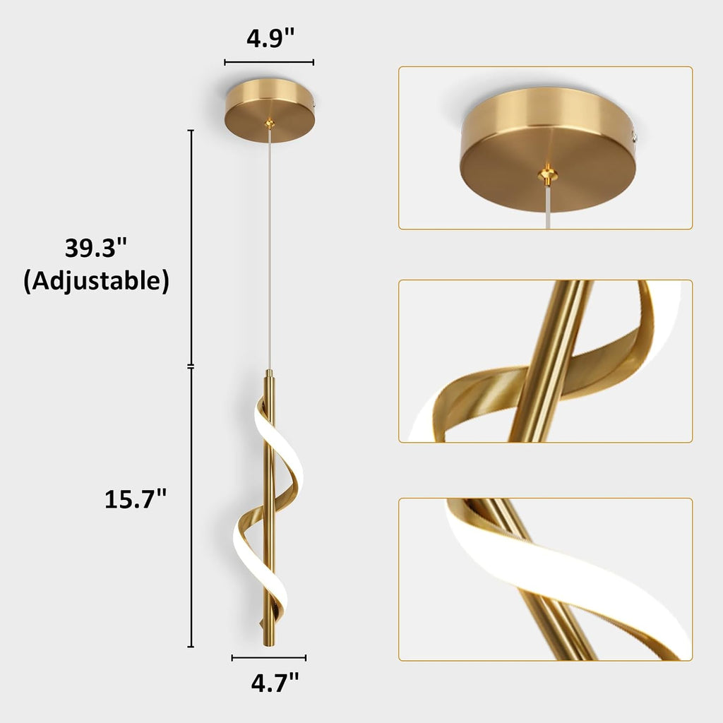 Gold Pendant Light, Spiral Modern Led Pendant Lighting for Kitchen Island, 5500K Brushed Brass Ceiling Hanging Light