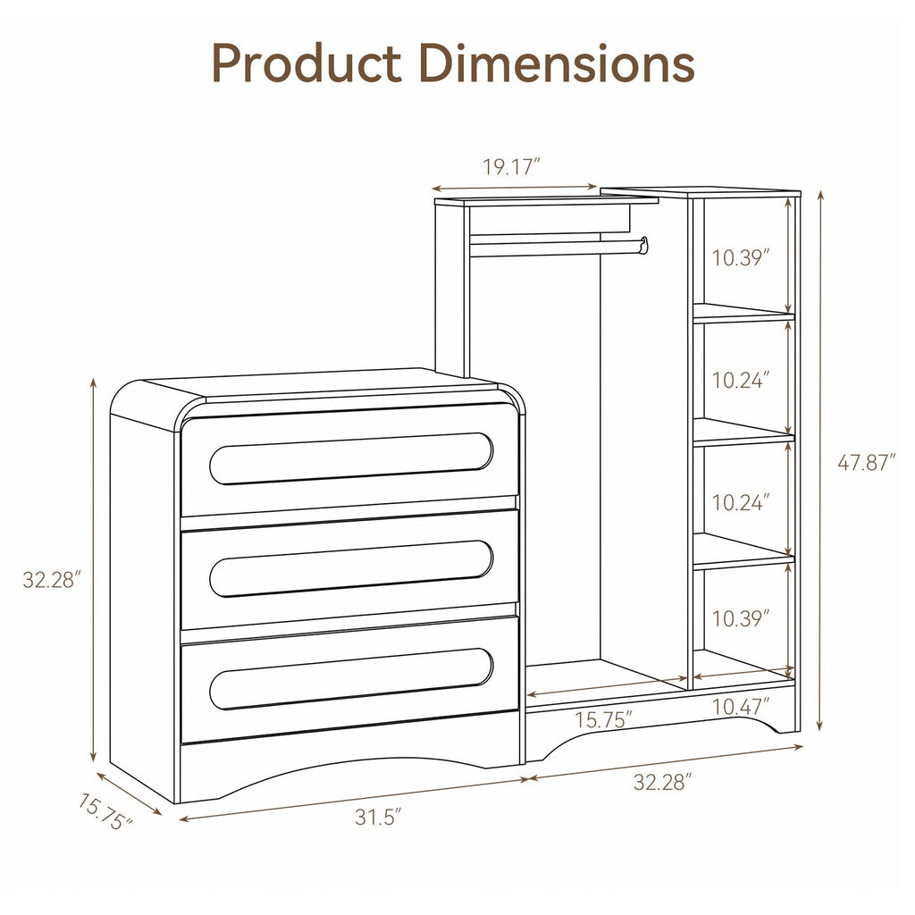 Dresser with Clothes Hanging Rack, Wardrobe Closet w/ 3 Drawers and Shelves