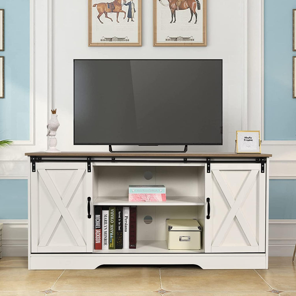 Farmhouse TV Stand for 65 Inch TV, Sliding Barn Doors, White
