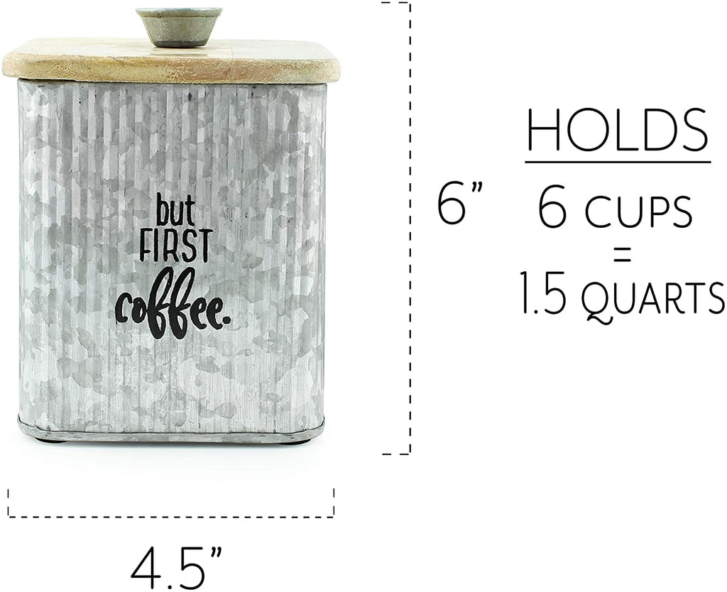Farmhouse Galvanized Canisters (Set of 3); Storage Containers for Coffee, Tea and Sugar in Galvanized Iron and Wood