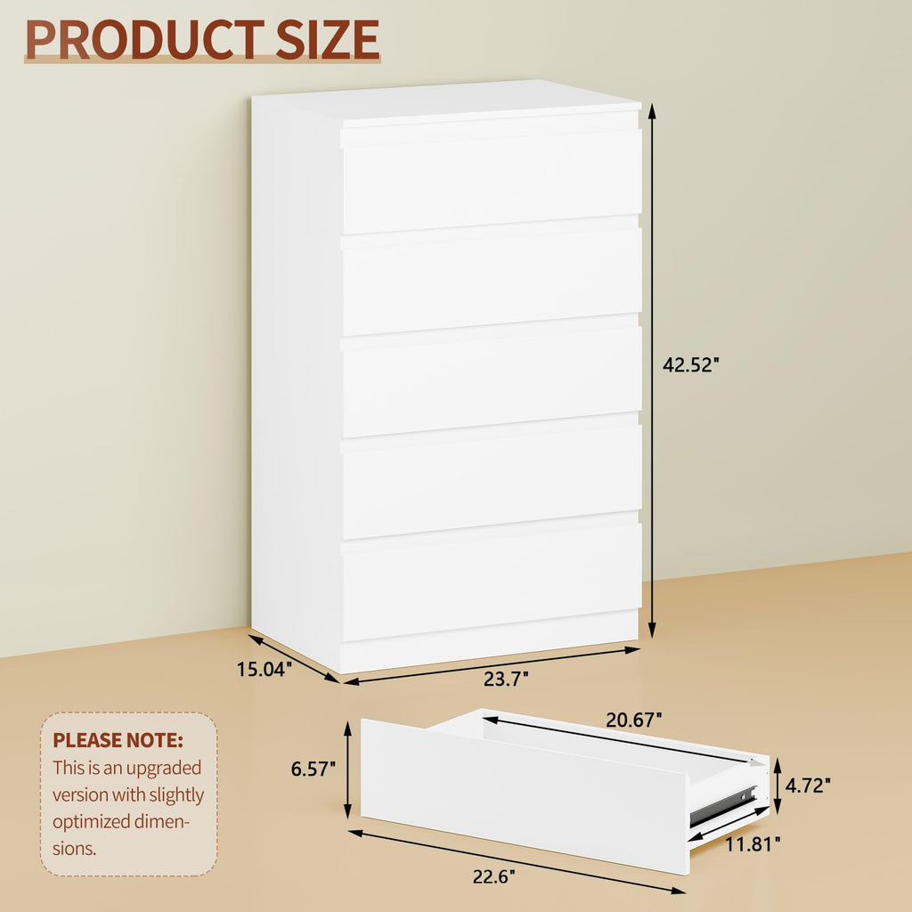White Wood, 5 Drawer for Clothes Storage