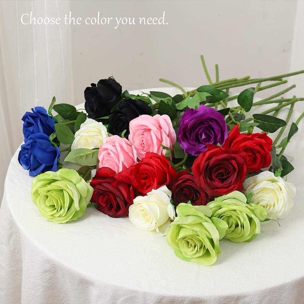 12 PCS Artificial Flowers Roses Silk Flowers Fake Long Stem Artificial Roses Wendding Kitchen Decorations(Green)