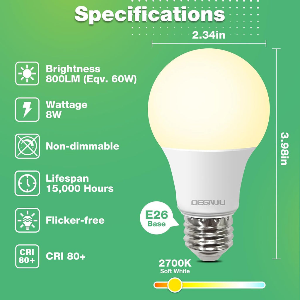A19 LED Light Bulbs, 60 Watt Equivalent LED Bulbs, Soft White 2700K, 800 Lumens, E26 Standard Base, Non-Dimmable, 8W