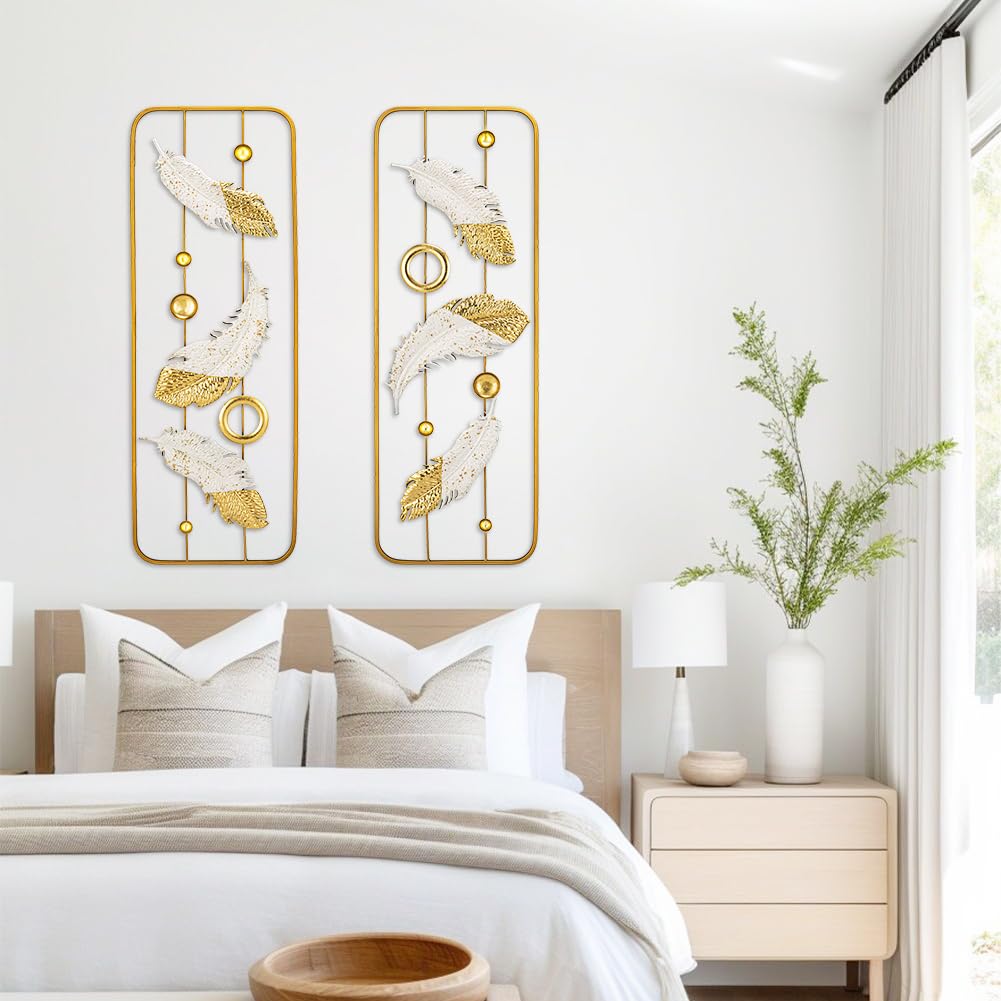 2 Pack Gold Wall Art Décor, 35" Rectangular Panels Metal Work, Modern Wall Décor Café Bedroom Living Room Wall