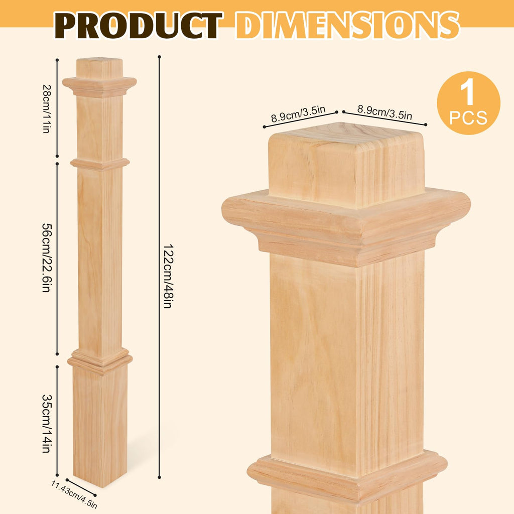 Unfinished Solid Pine Stair Newel Post, 48" Traditional Box Newel with 3.5" Post & 4.5" Base for Interior