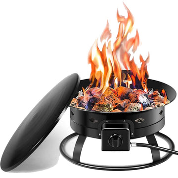 19" Gas Fire Pit Bowl, 58, Portable Propane Fire Pit w/Cover Lava Rock Stone, Tank Stabilizer Ring & Carry Kit