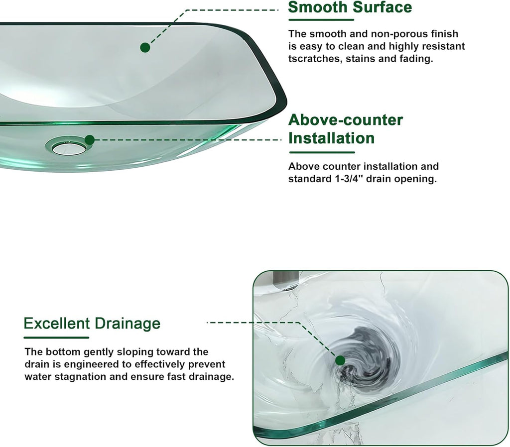 Sarlai Bathroom Vessel Sink Tempered Glass Bowl Vessel Sink with Pop-up Drain Combo 20-1/4 x 14-1/2 Inch Transparent